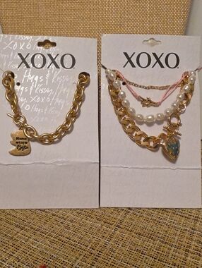 XOXO Gold Tone Layered Charm Bracelet Set with White Pearls and Pink Cord